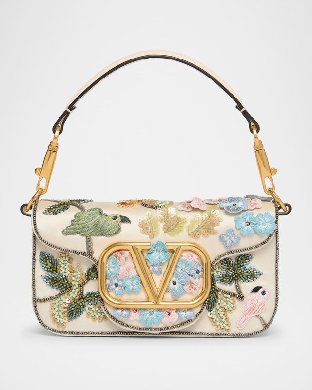 Loco Small Flower Bird Beaded Satin Shoulder Bag